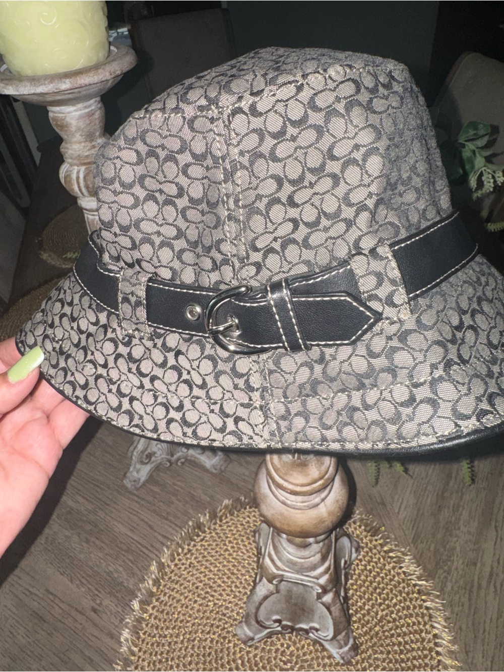 Coach Y2K Monogram Pattern Bucket Hat with Black Belt Accent